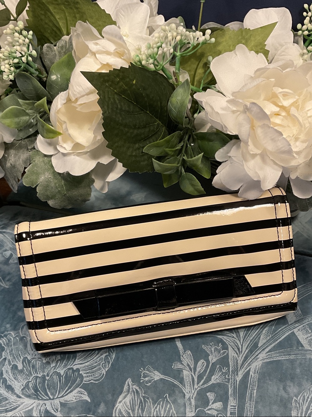 kate spade Black and Cream Striped Patent Bow Clutch